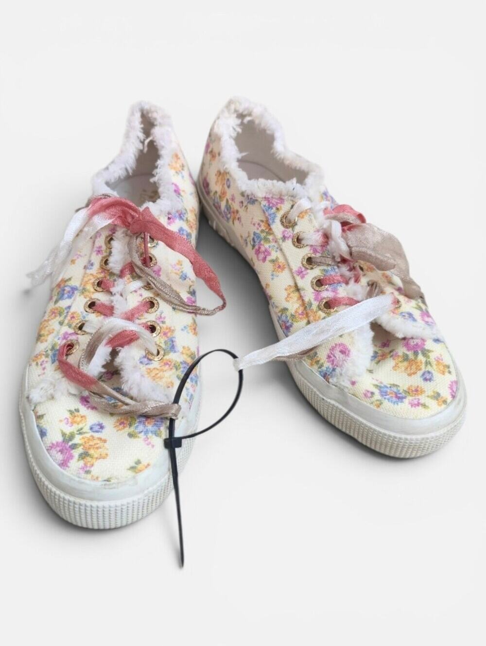 Superga X LoveShackFancy Cream Floral Coquette Canvas Fringe Sneakers